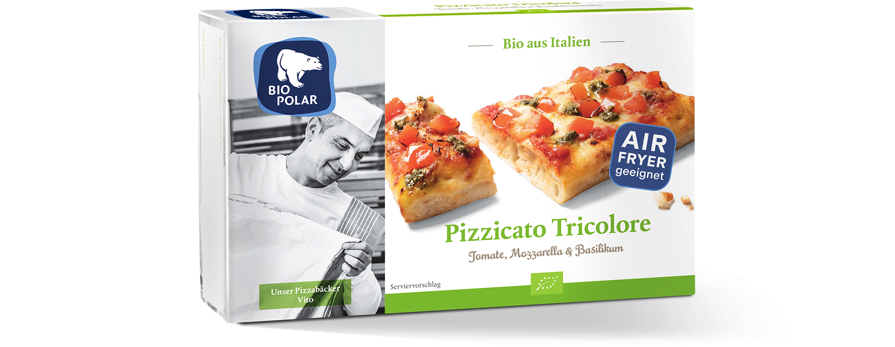 Verpackung Pizzicato Tricolore mit Störer "Airfryer geeignet"