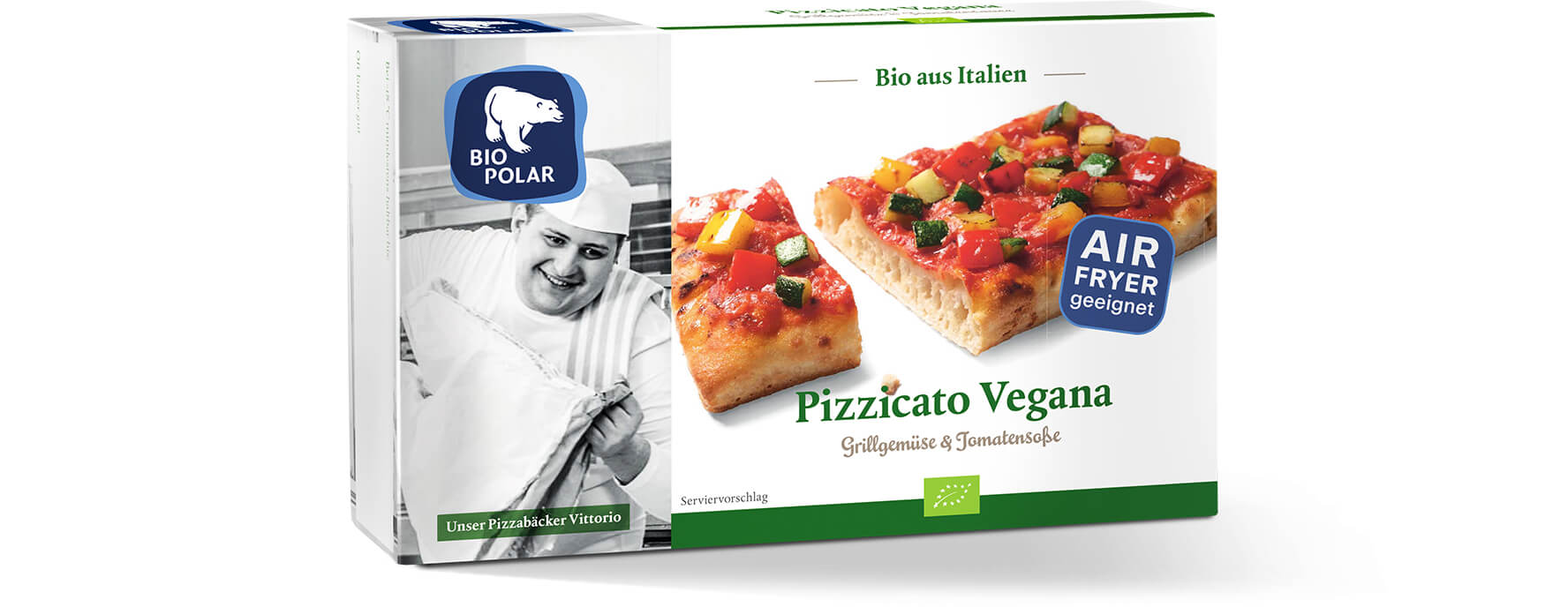 Verpackung Pizzicato Vegana mit Störer "Airfryer geeignet"