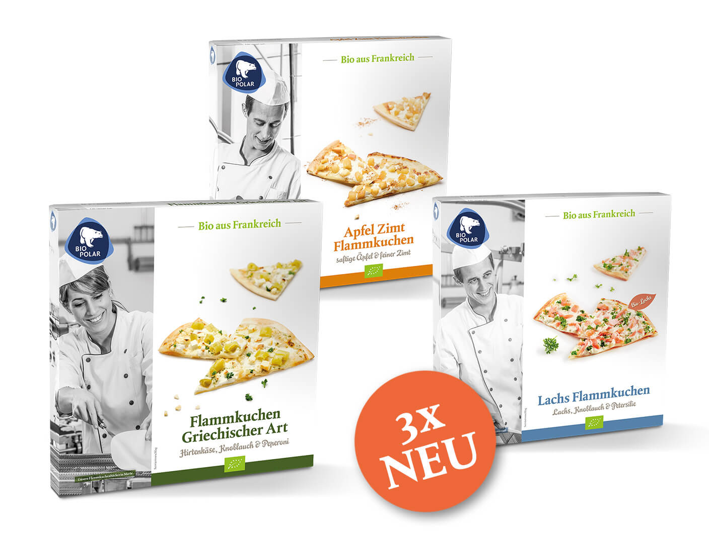 3 Verpackungen mit Flammkuchen und 3x NEU Störer